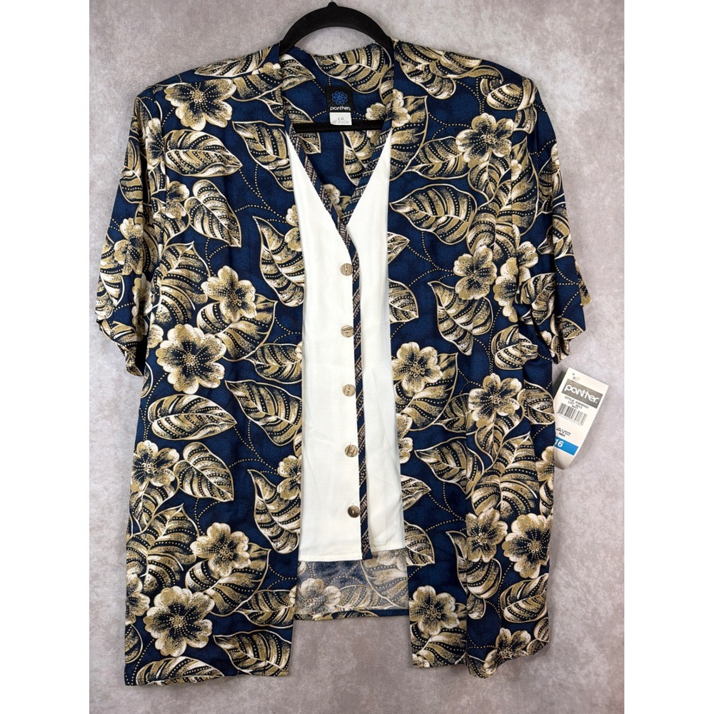 NWT Panther Layered Top Women 16 Navy Blue Floral Print Short Sleeve Button Vest